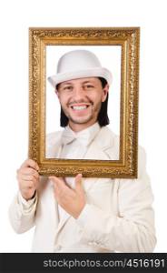 Man in white costume with picture frame