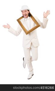 Man in white costume with picture frame