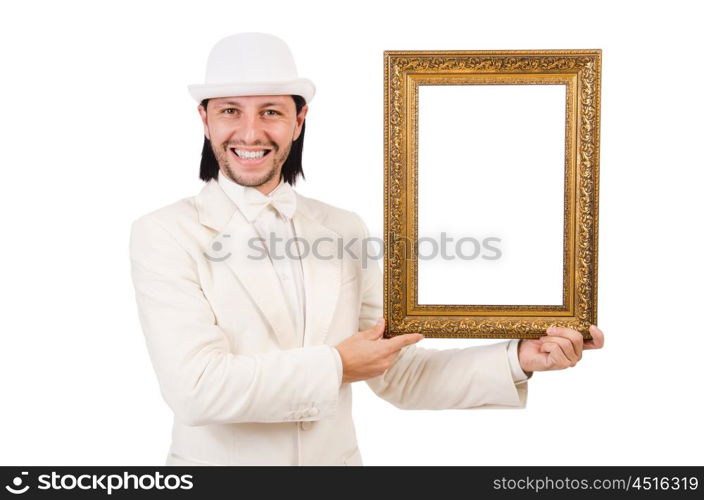 Man in white costume with picture frame