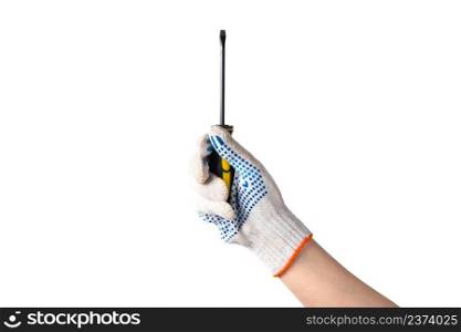 Man in white work gloves holds a screwdriver. Happy labor day. Hand repair tool isolated on white background.. Man in white work gloves holds screwdriver. Happy labor day. Hand repair tool isolated on white background.