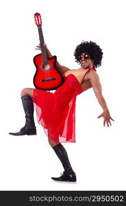 Man in woman clothing with guitar