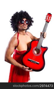 Man in woman clothing with guitar