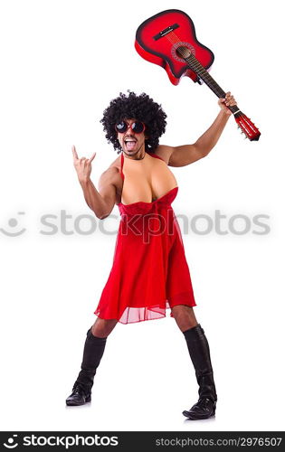 Man in woman clothing with guitar