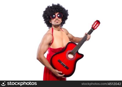 Man in woman clothing with guitar