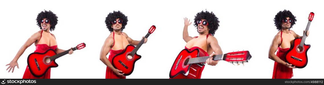 Man in woman clothing with guitar