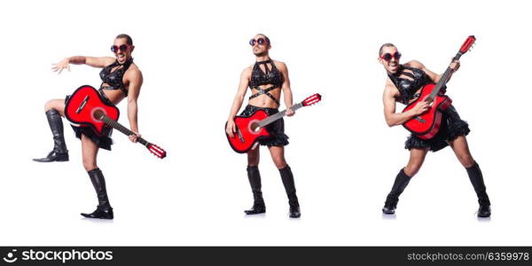 Man in woman clothing with guitar