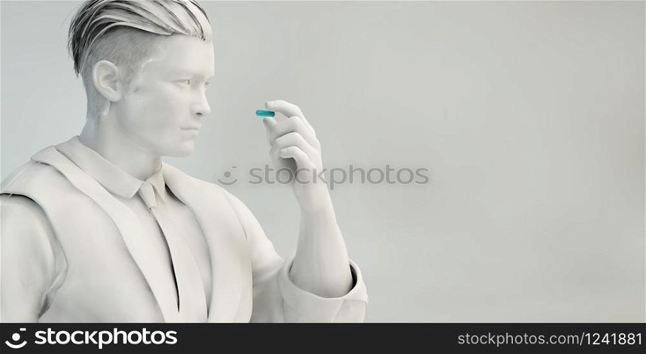 Man Inspecting Pill as a Precaution Concept Art. Man Inspecting Pill