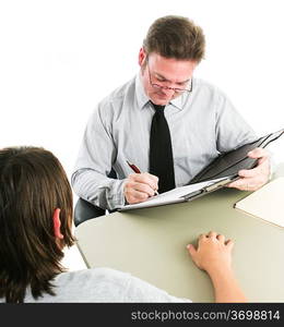 Man interviewing a teenage boy, either for a job, or as a counselor. White background.