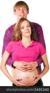 man is embracing pregnant woman against white background