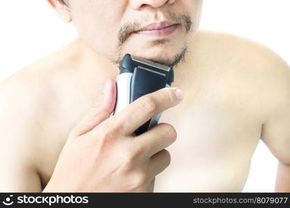 Man is using shaver isolated over white background