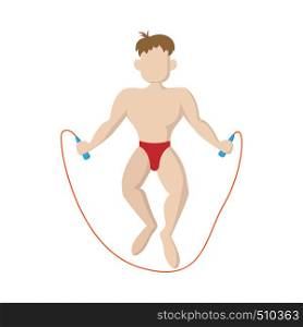 Man jumping with skipping rope icon in cartoon style on a white background . Man jumping with skipping rope icon, cartoon style