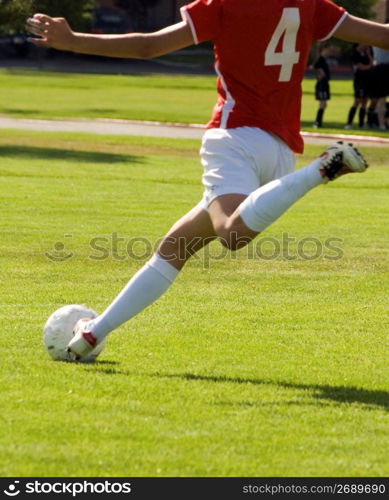 Man kicking soccer ball on field, rear view, low section