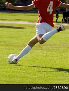 Man kicking soccer ball on field, rear view, low section