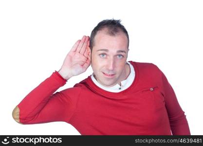 Man listening to something isolated on white background