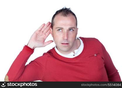 Man listening to something isolated on white background