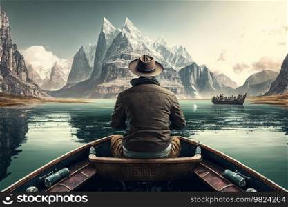 Man looking at mountain. Illustration Generative AI