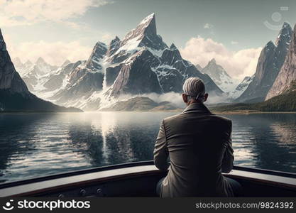 Man looking at mountain. Illustration Generative AI