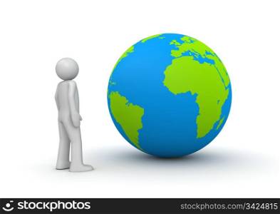 Man looking at planet Earth / globe (3d isolated characters on white background series)