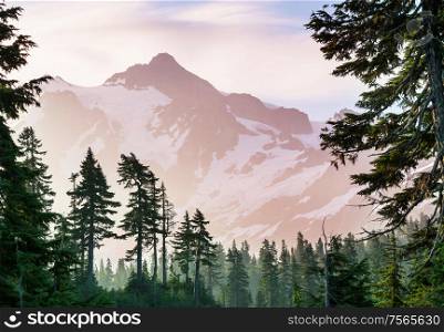 Man looking on Beautiful peak Mount Shuksan in Washington, USA