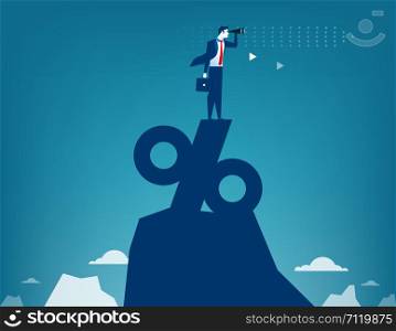 Man looking through telescope standing on top of percentage sign. Concept business illustration