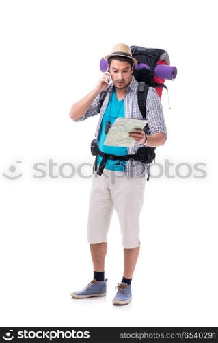 Man lost and looking for direction with map on white