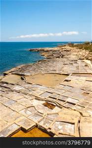 Man made evaporation ponds for salt production, Malta