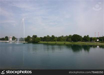 Man-made lake and water fountain Ada in Belgrade,Serbia
