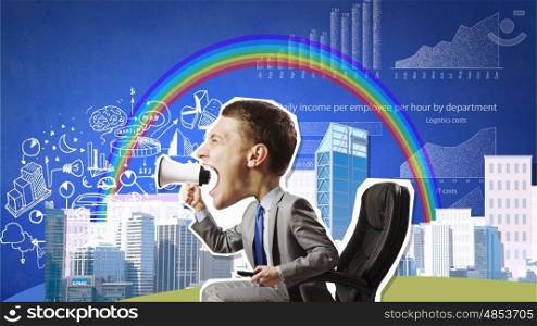 Man making announcement. Funny businessman sitting in chair and screaming in megaphone