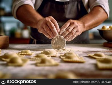 Man making fresh vegetarian ravioli pasta on kitchen table with flour.AI Generative
