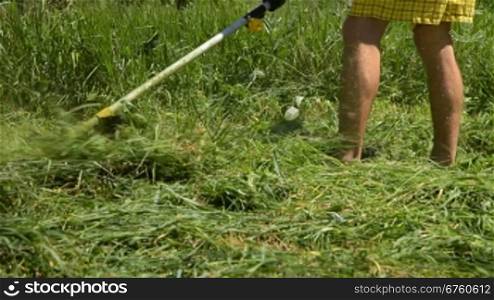 Man mowing the grass in the backyard with grass cutter