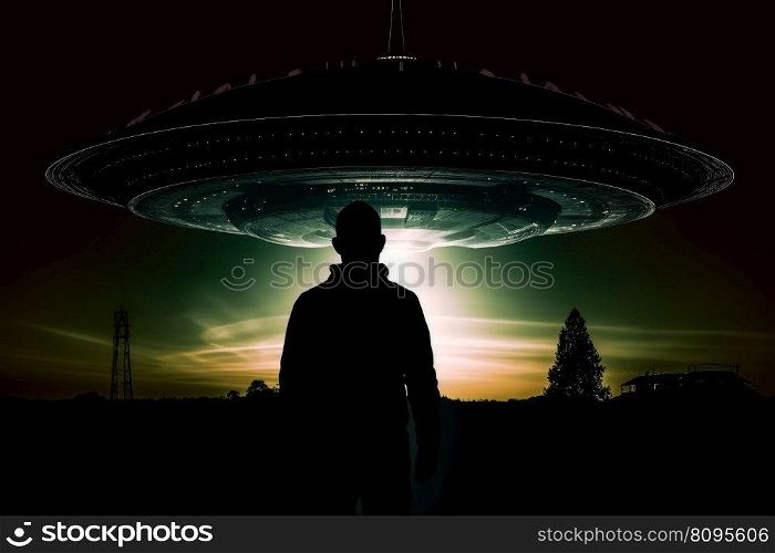 Man near ufo. Sky space night. Generate Ai. Man near ufo. Generate Ai