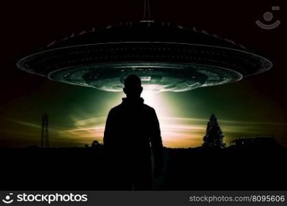 Man near ufo. Sky space night. Generate Ai. Man near ufo. Generate Ai