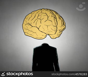 Man of great mind. Businessman in suit with brain instead of head