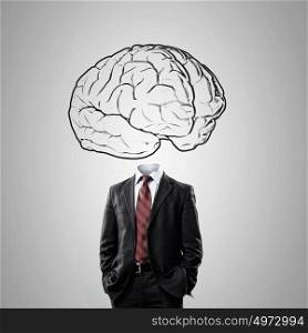 Man of great mind. Businessman in suit with brain instead of head