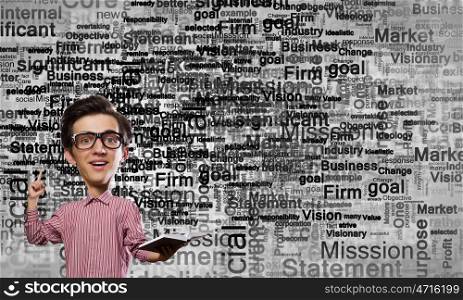 Man of great mind. Young funny man in glasses with big head and book in hands