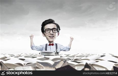Man of great mind. Young funny man in glasses with big head among pile of old books