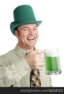 Man of Irish heritage enjoying a green beer on St. Patrick&rsquo;s Day and singing a drinking song. Isolated on white.