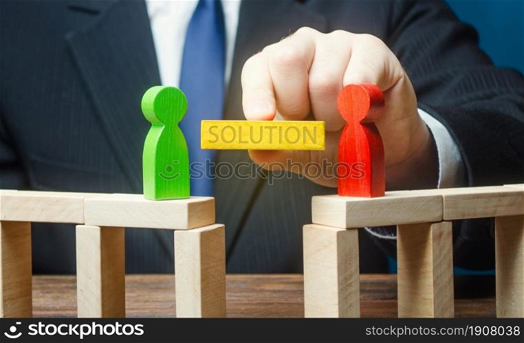 Man offers a solution to end conflict. Compromise dispute resolution. Build bridges improve relationships. Communication mediation between conflicting parties. escape escalations of conflicts. Win-win