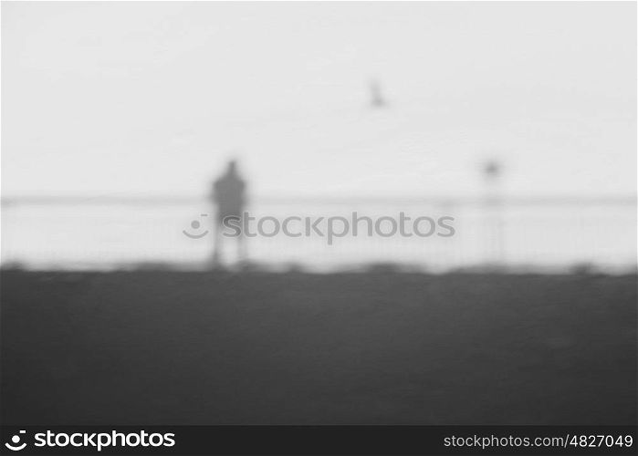 Man On A Bridge With Flying Bird Abstract Shadow On Snow