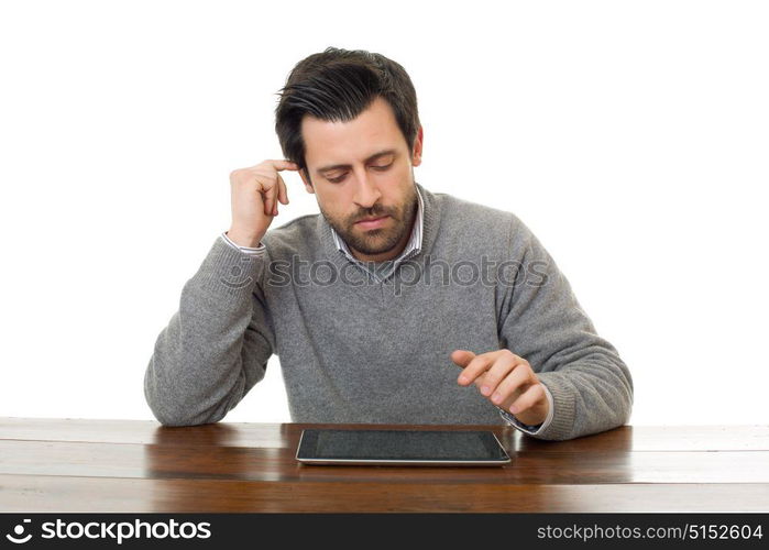 man on a desk working with a tablet pc, isolated