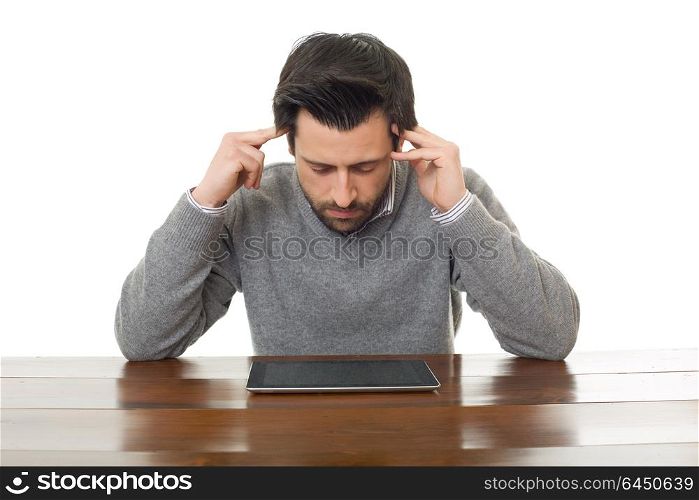 man on a desk working with a tablet pc, isolated