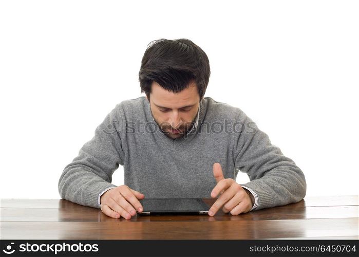 man on a desk working with a tablet pc, isolated