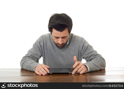 man on a desk working with a tablet pc, isolated