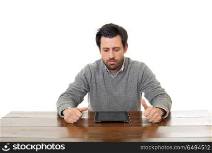 man on a desk working with a tablet pc, isolated. working