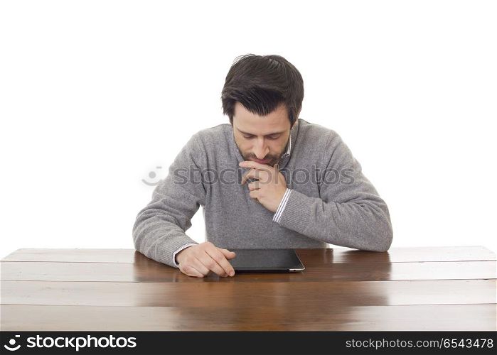man on a desk working with a tablet pc, isolated. working