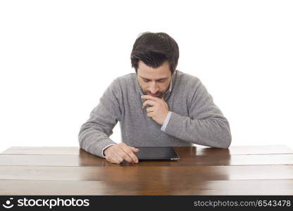 man on a desk working with a tablet pc, isolated. working