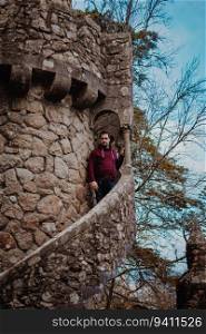 Man on a medieval tower from Quinta da Regaleira in Sintra, Portugal