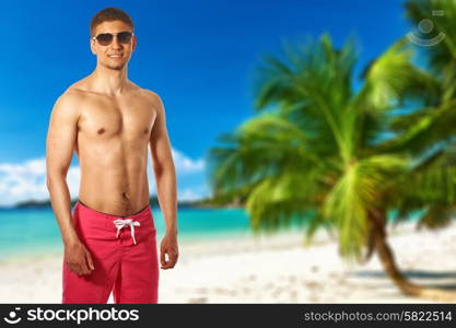 Man on beach with palm tree at Seychelles, Praslin, Cote d&rsquo;Or. Collage.