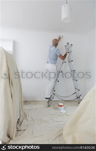 Man On Ladder Decorating Domestic Room With Paint Brush