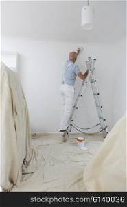 Man On Ladder Decorating Domestic Room With Paint Brush